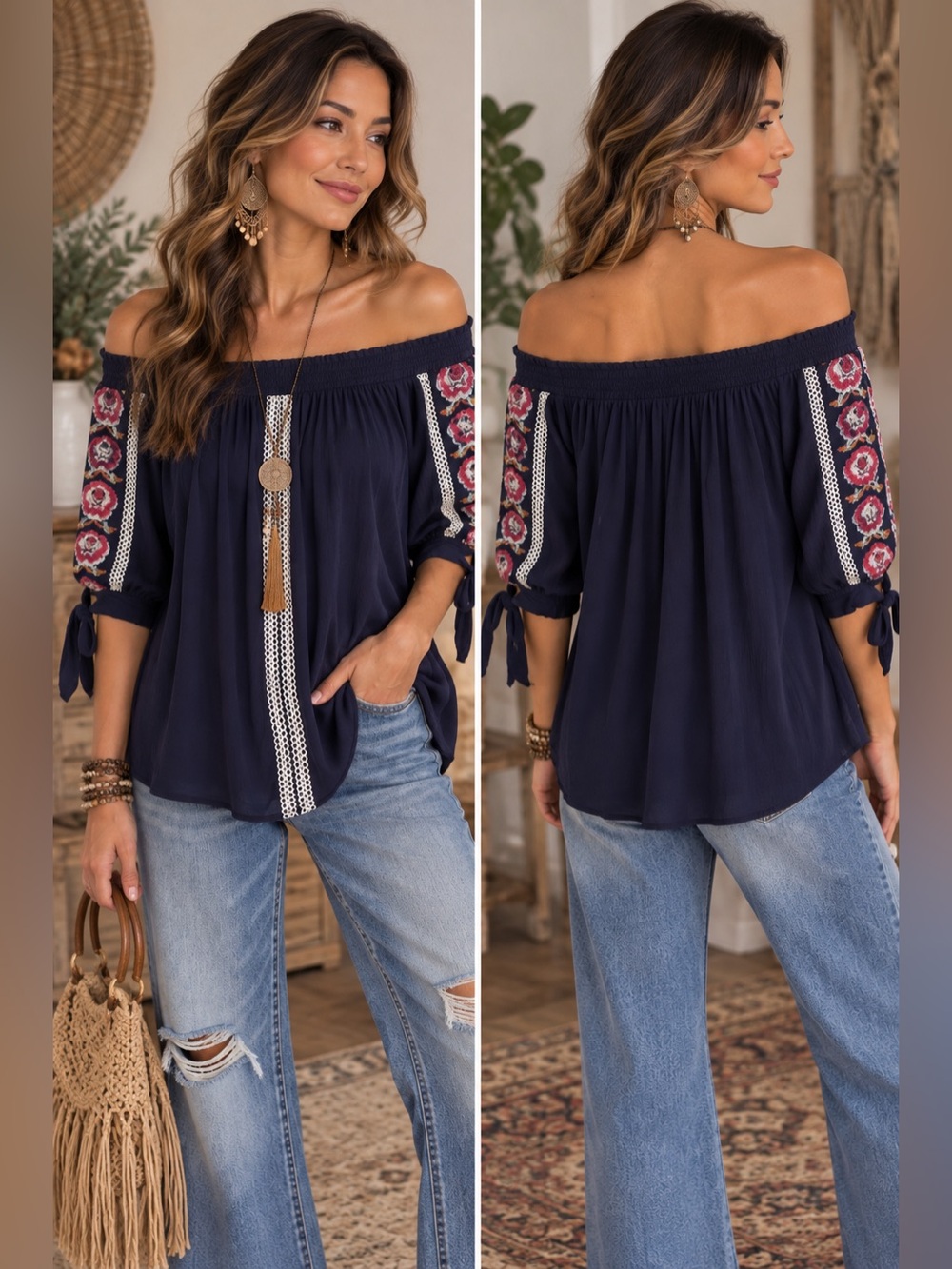 Solitaire Navy Embroidered Floral Boho Off Shoulder Top XL
